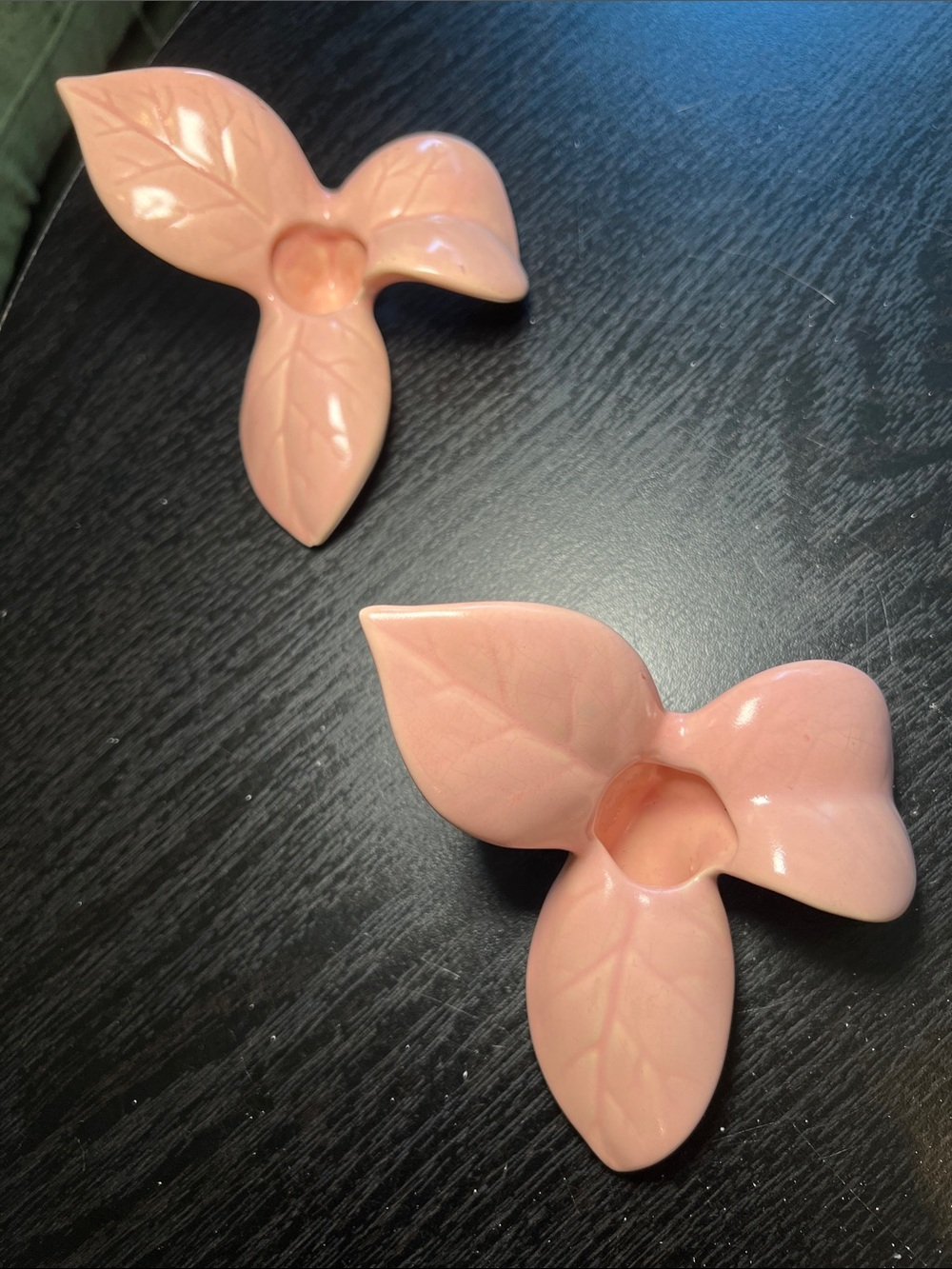 2 Vintage Whimsical MCM Pink Pottery Handmade Leaf Wall Pockets Wall Hangings